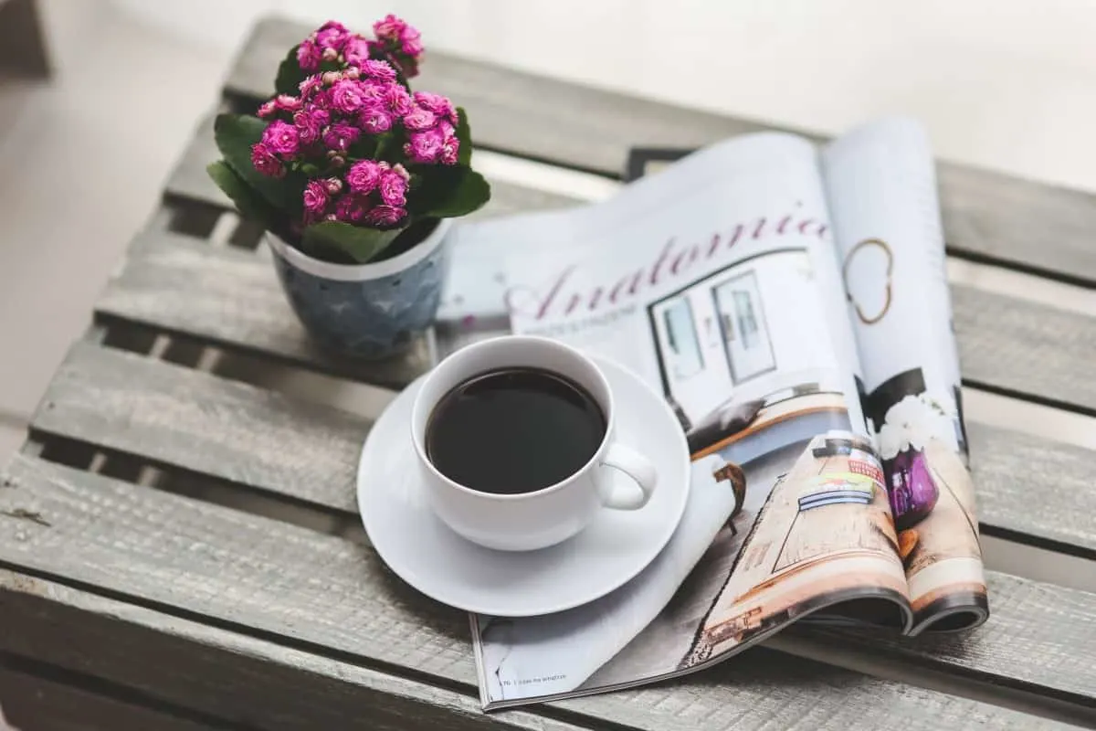 coffee placed with a magazine and a flower pot on a wooden table