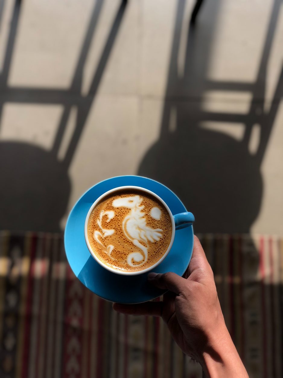 a cup of cappuccino with seahorse as latte art