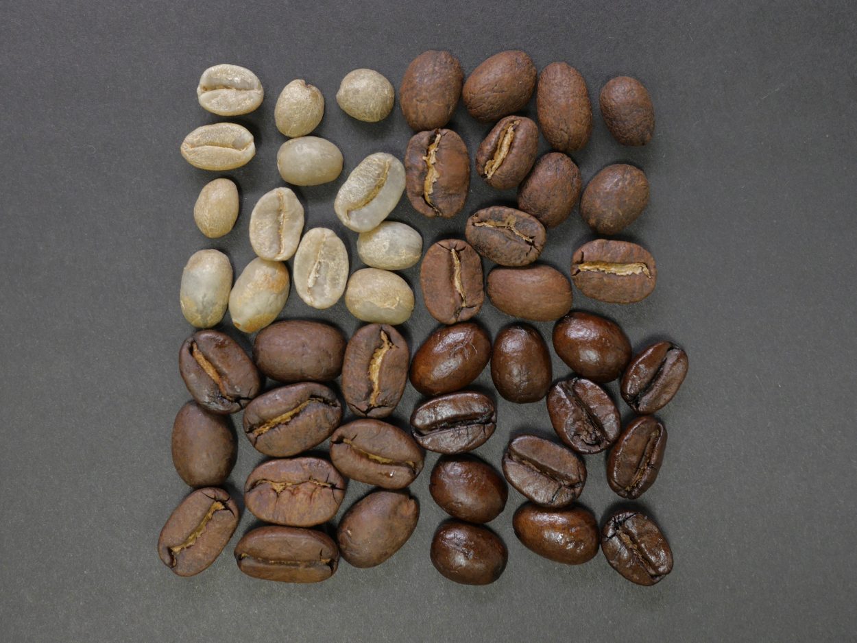 Different forms of roasted coffee beans.