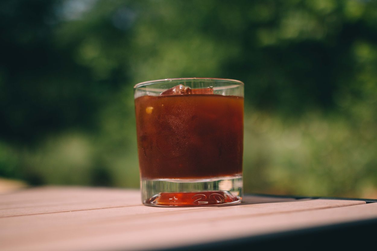 A glass of cold brew coffee with ice.