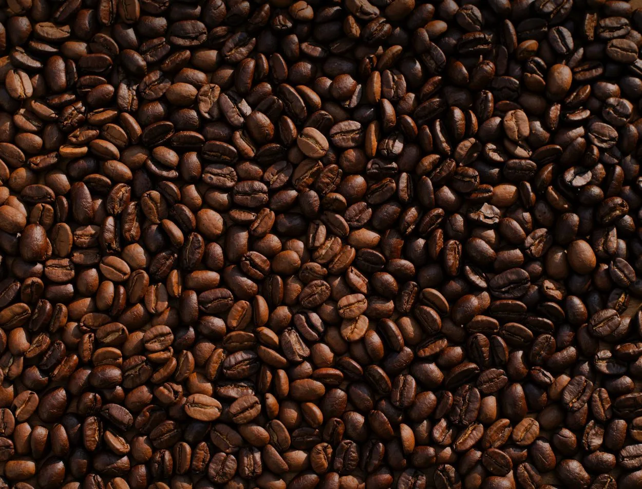 Different roasts of coffee beans mixed together.