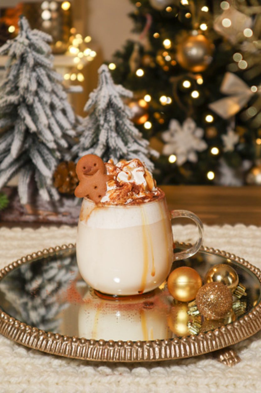 A gingerbread frappe with gingerbread leaning on the glass
