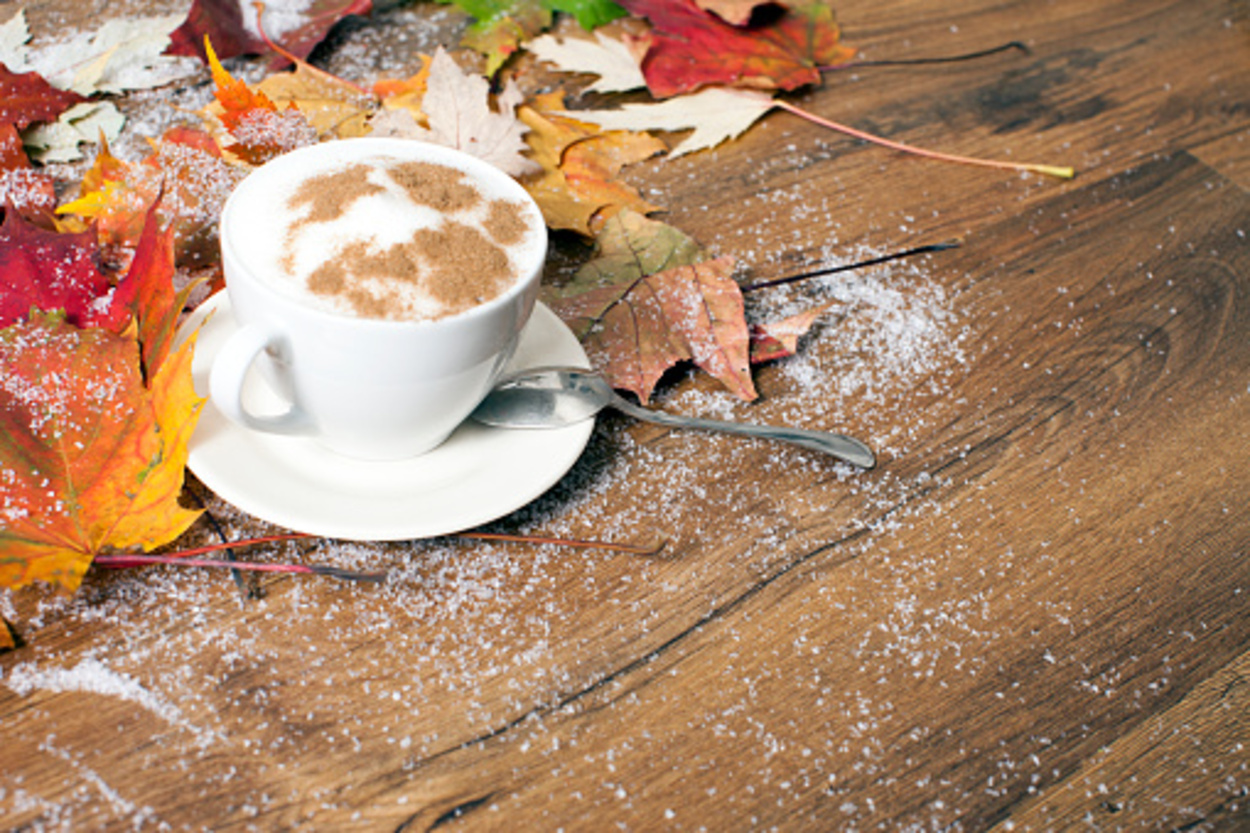The cup of a cappuccino costs on a floor with maple leaves and snow.
