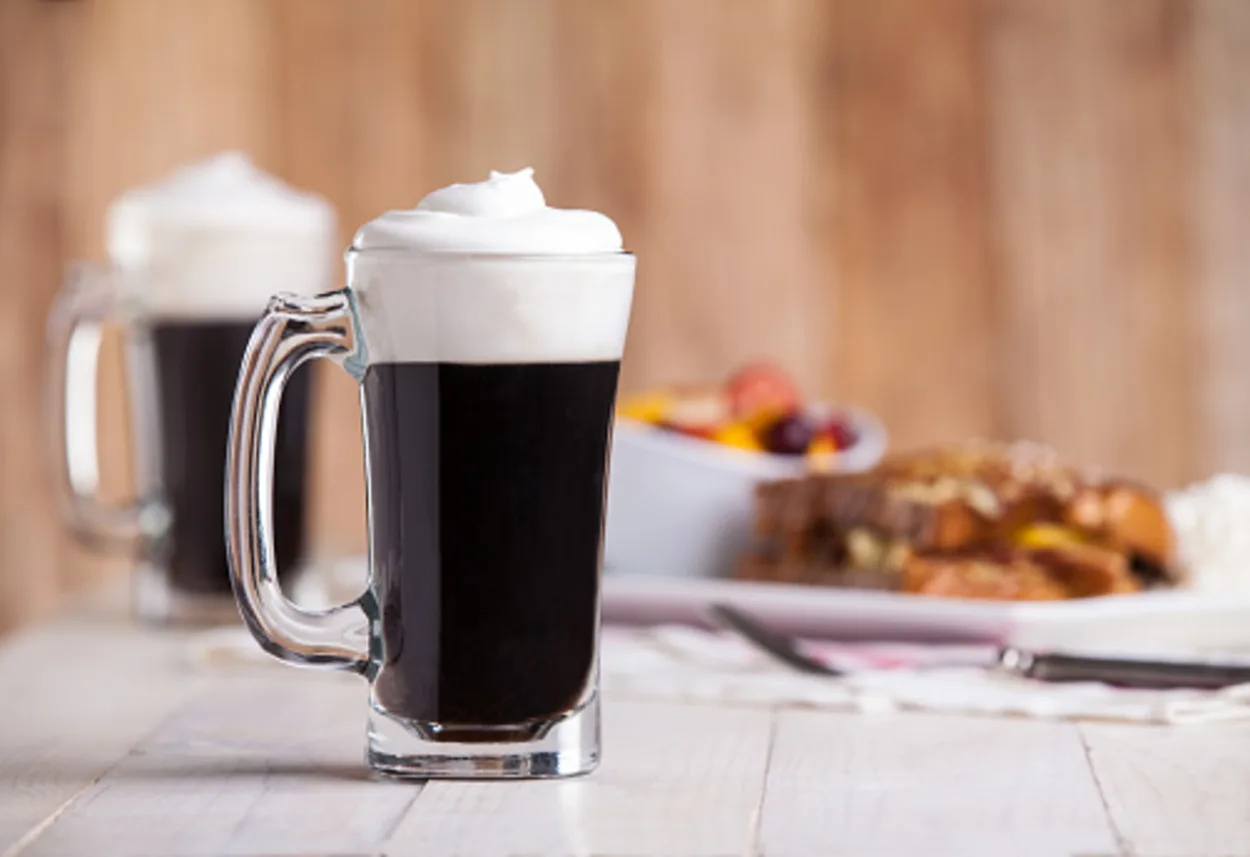 Irish coffee on a table with blurred background